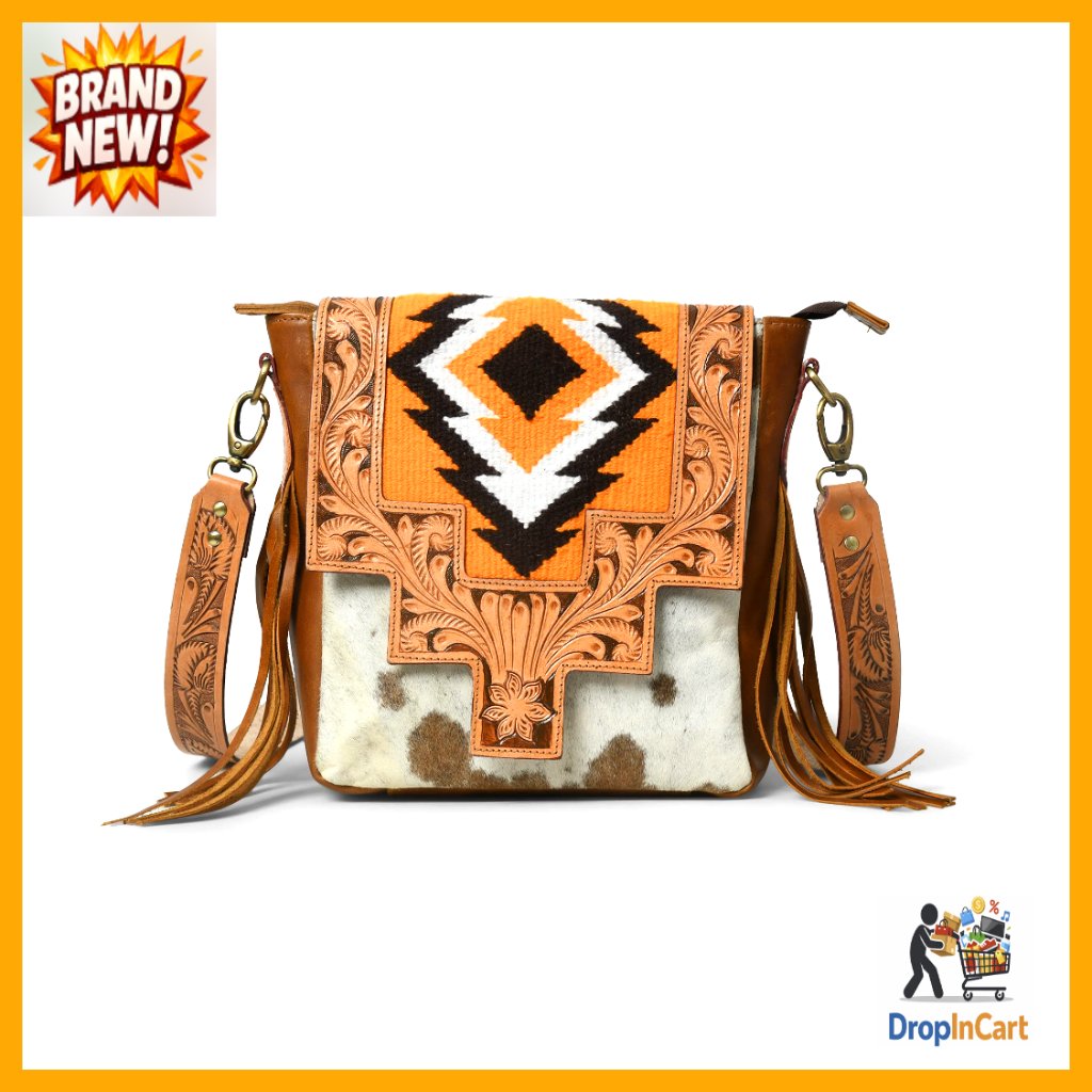 Western Leather Crossbody Bag Hand Tooled Cowhide Floral Design Adjustable Strap